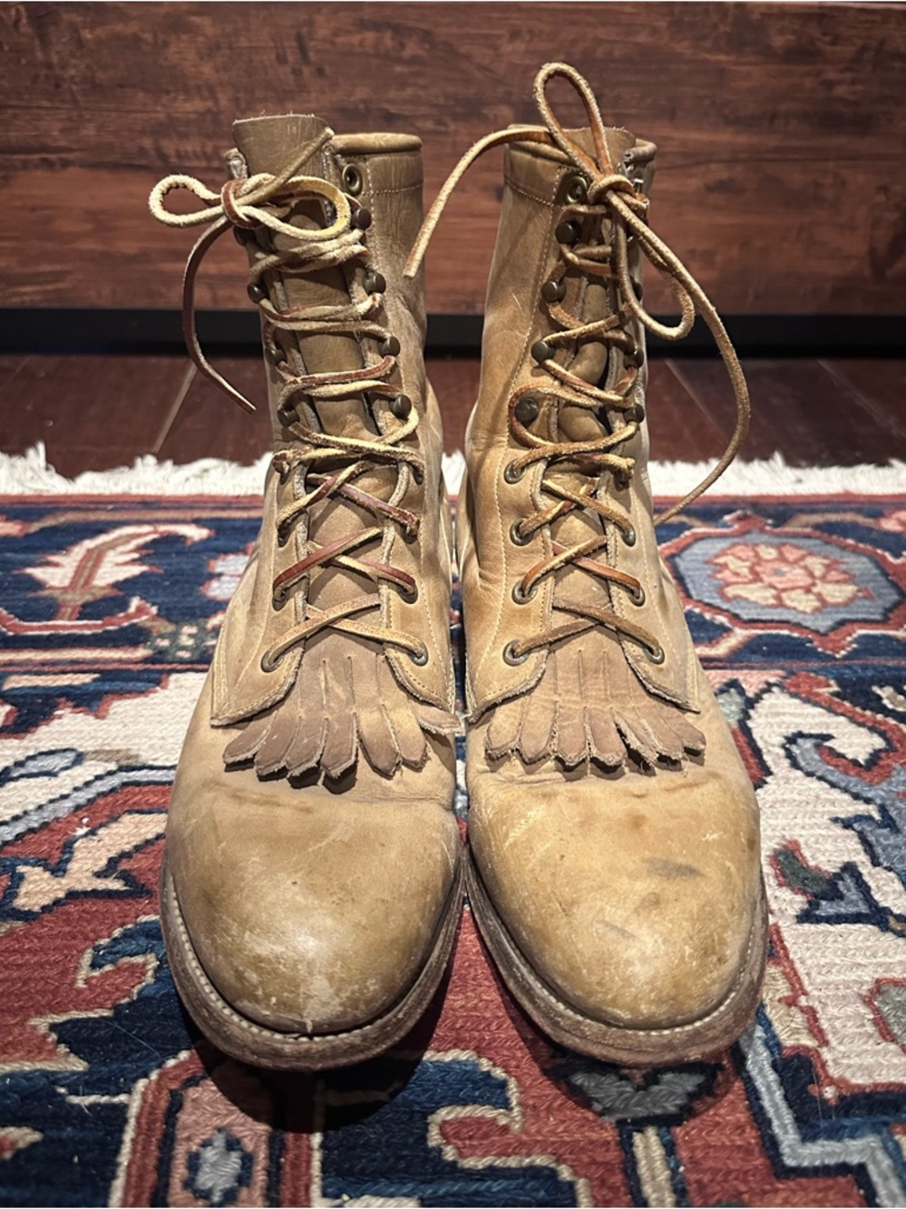 Justin Mens 7.5D Kiltie Boots Roper Lace Up Western Vintage USA Brown Leather